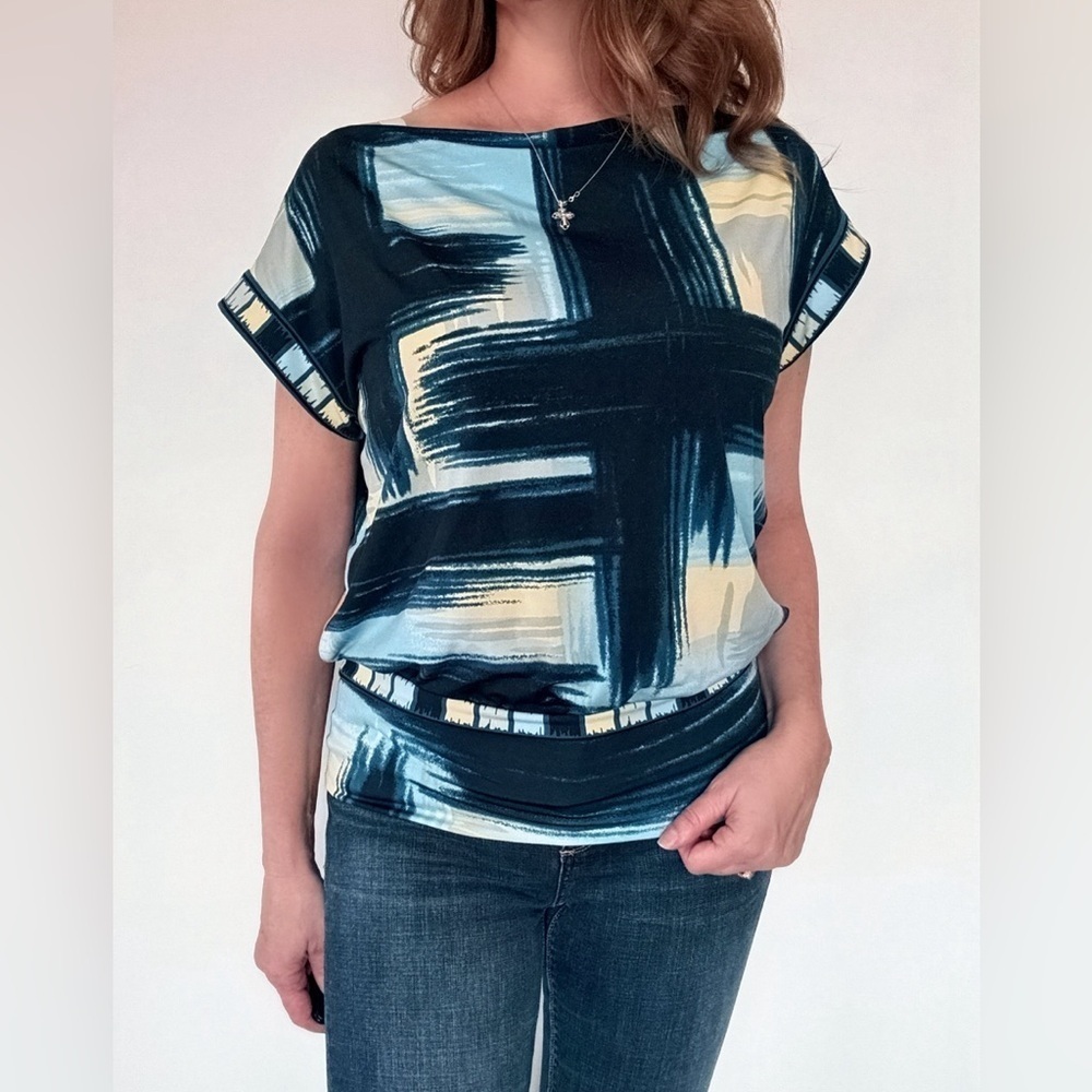 BCBGMaxAzria Teal, Light Blue & Cream Brushstroke Blouson Tunic